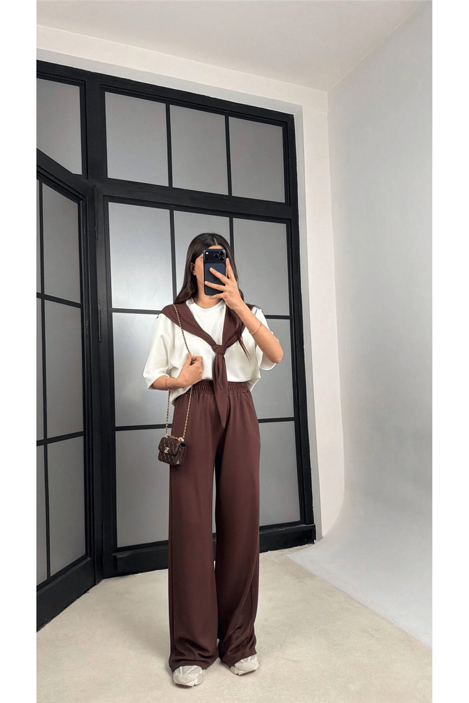 Kadın Şal Detaylı Bluz & Bol Paça Pantolon İkili Takım ZYN-58917 - KAHVERENGİ