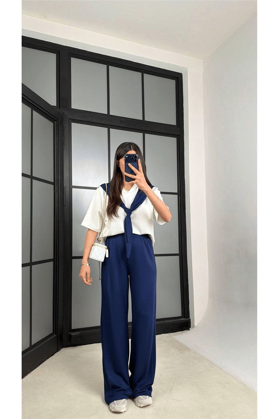 Kadın Şal Detaylı Bluz & Bol Paça Pantolon İkili Takım ZYN-58917 - LACİVERT