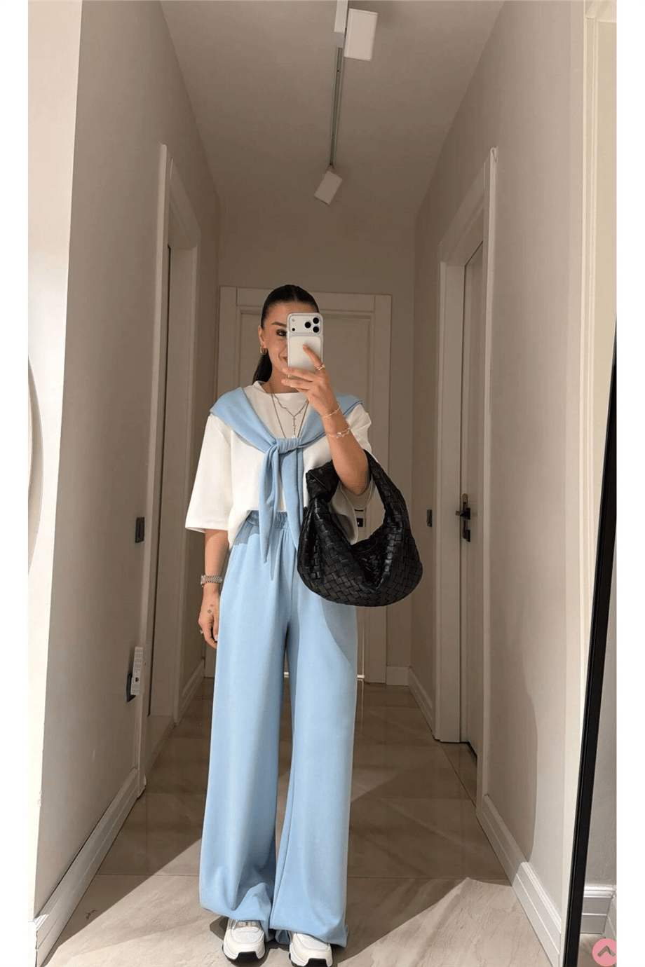 Kadın Şal Detaylı Bluz & Bol Paça Pantolon İkili Takım ZYN-58917 - MAVİ