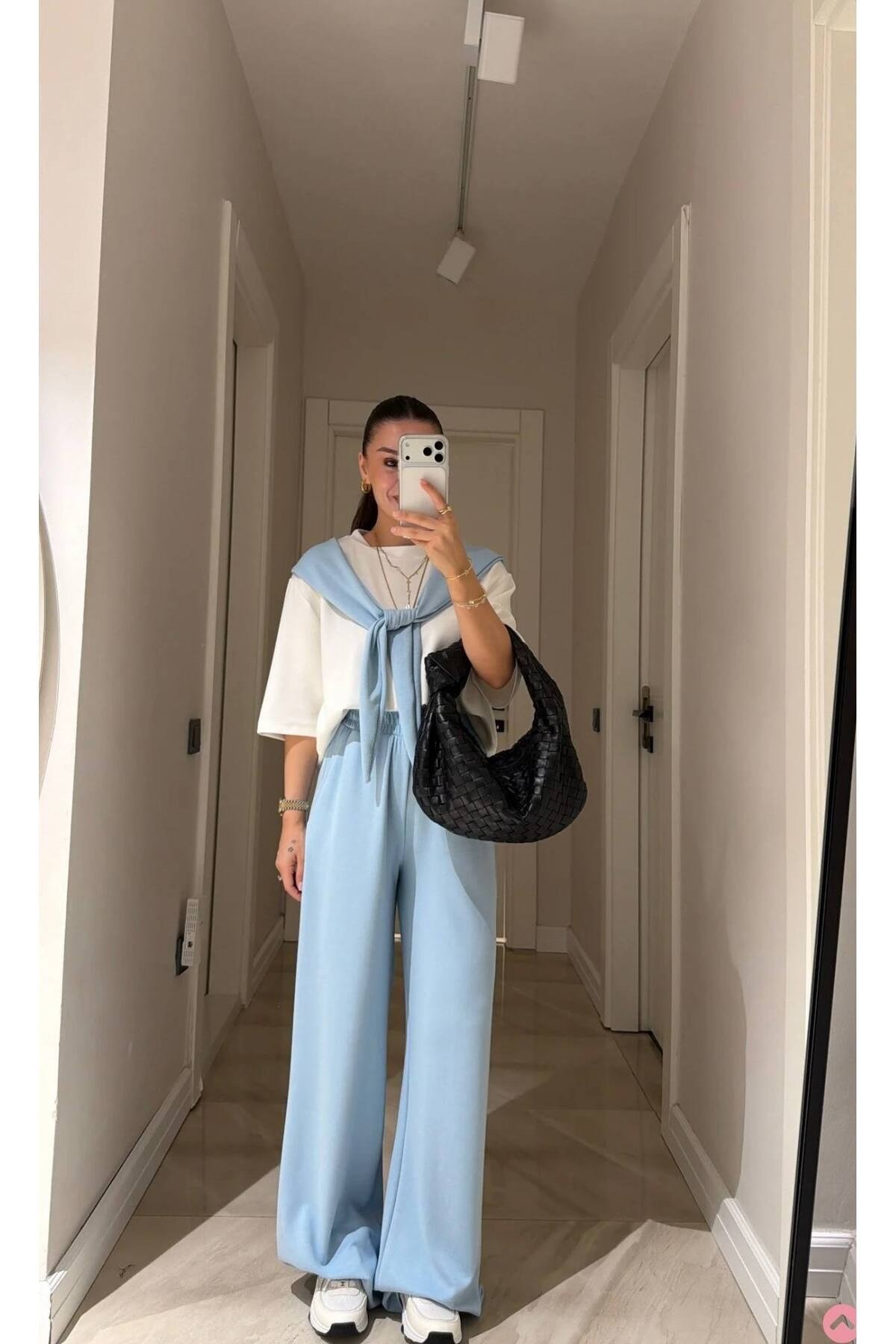 Kadın Şal Detaylı Bluz & Bol Paça Pantolon İkili Takım ZYN-58917 - MAVİ