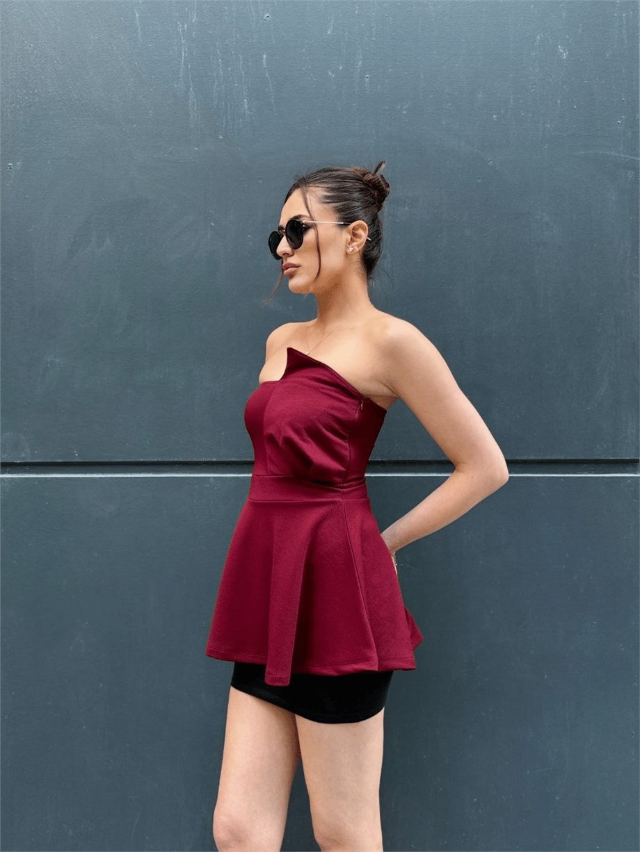 Kadın Straplez Peplum Kesim Şık Bluz - Bordo · 2