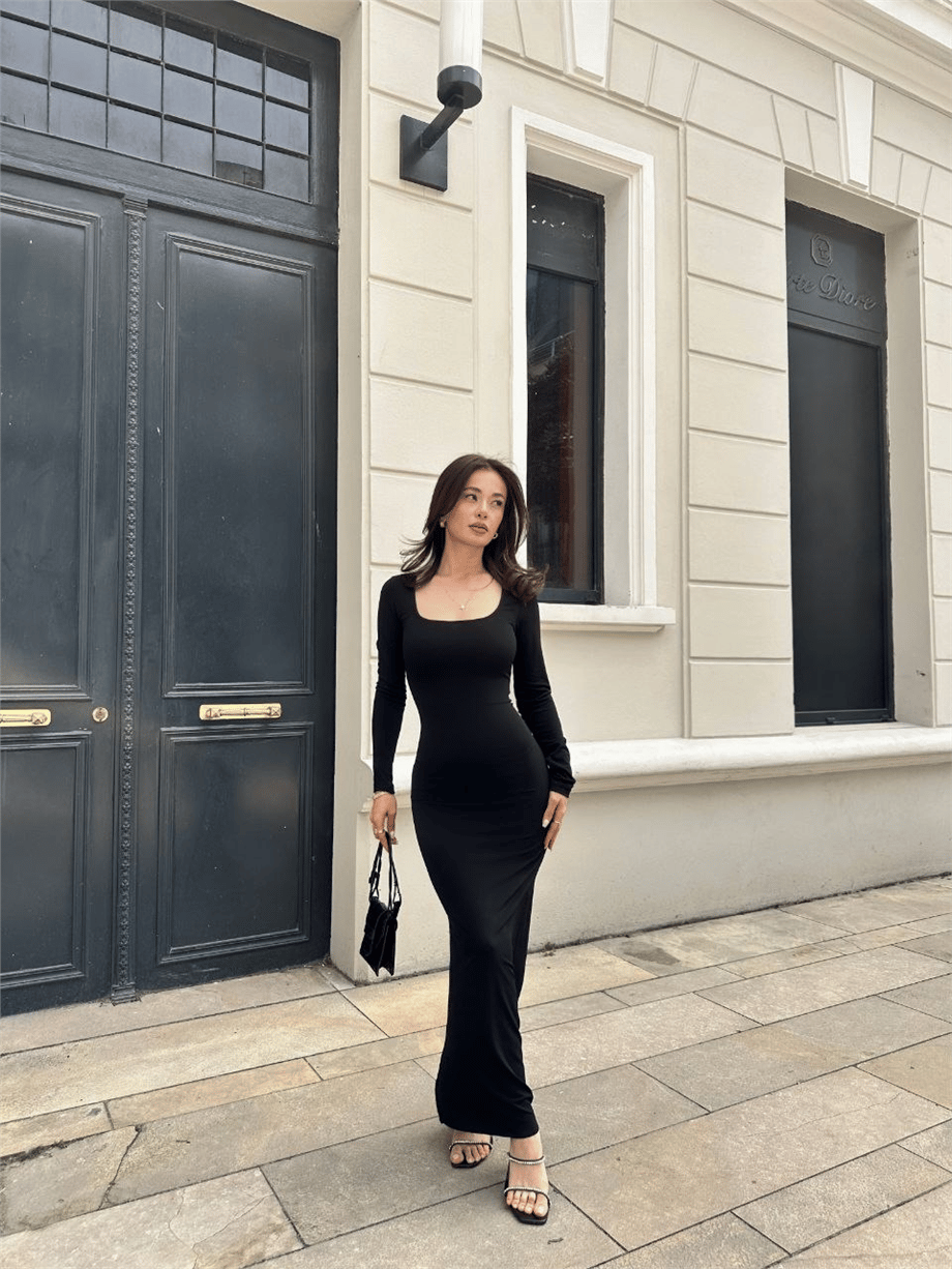 Kadın Uzun Kollu Kare Yaka Fit Maxi Elbise - Si̇yah 2 · 3