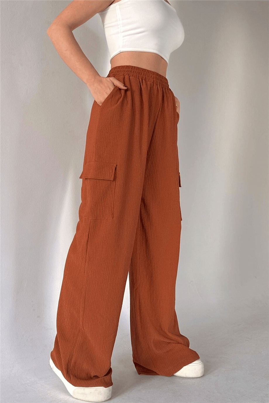 Kadın Yüksek Bel Beli Lastikli Kargo Cepli Plazzo Dokuma Pantolon Zyn-58427 - KAHVERENGİ · 4