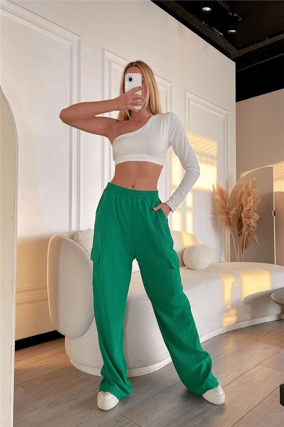 Kadın Yüksek Bel Beli Lastikli Kargo Cepli Plazzo Dokuma Pantolon Zyn-58427 - YEŞİL · 2