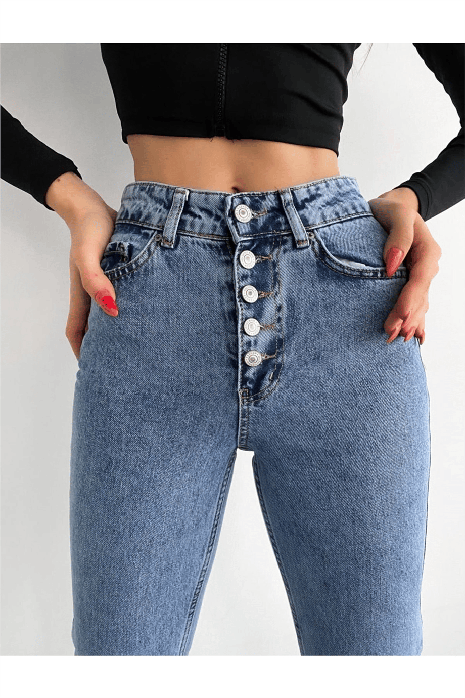 Kadın Yüksek Bel Kar Yıkamalı 5 Düğmeli Mom Jean Pantolon Zyn-58398 - MAVİ · 2