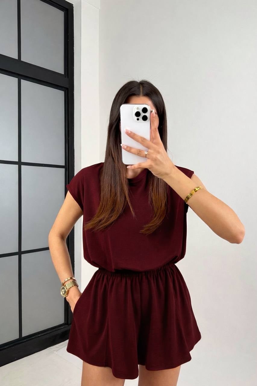Kısa Kollu Etekli Tulum - Koyu Bordo