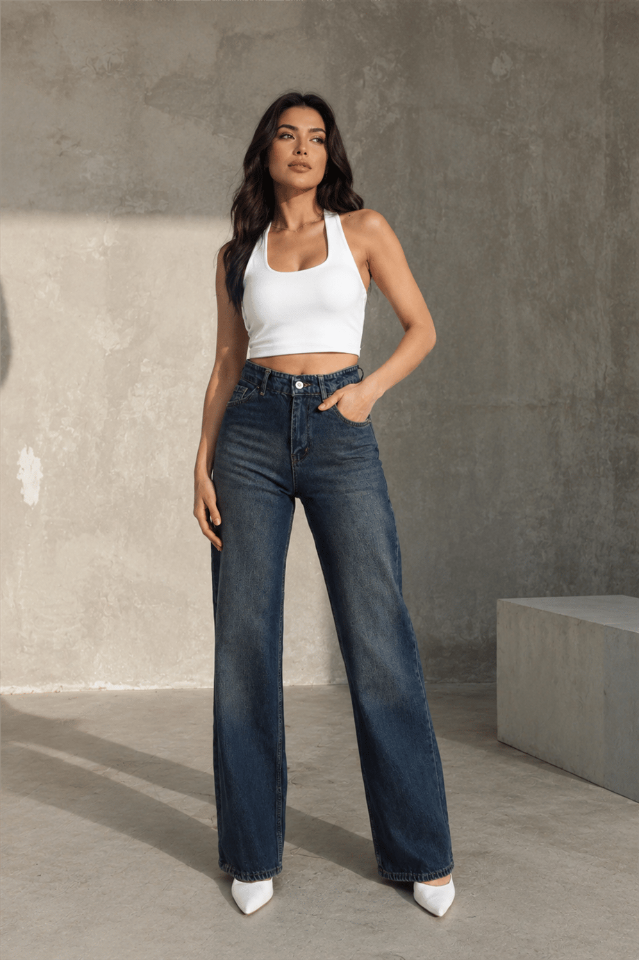 Yüksek Bel Dökümlü Jean Pantolon - Denim Mavi