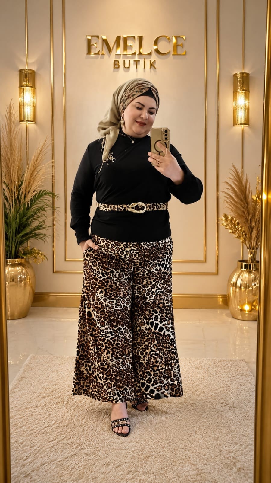 ½100 PAMUKLU VİSKON LEOPAR DESENLİ PANTOLON