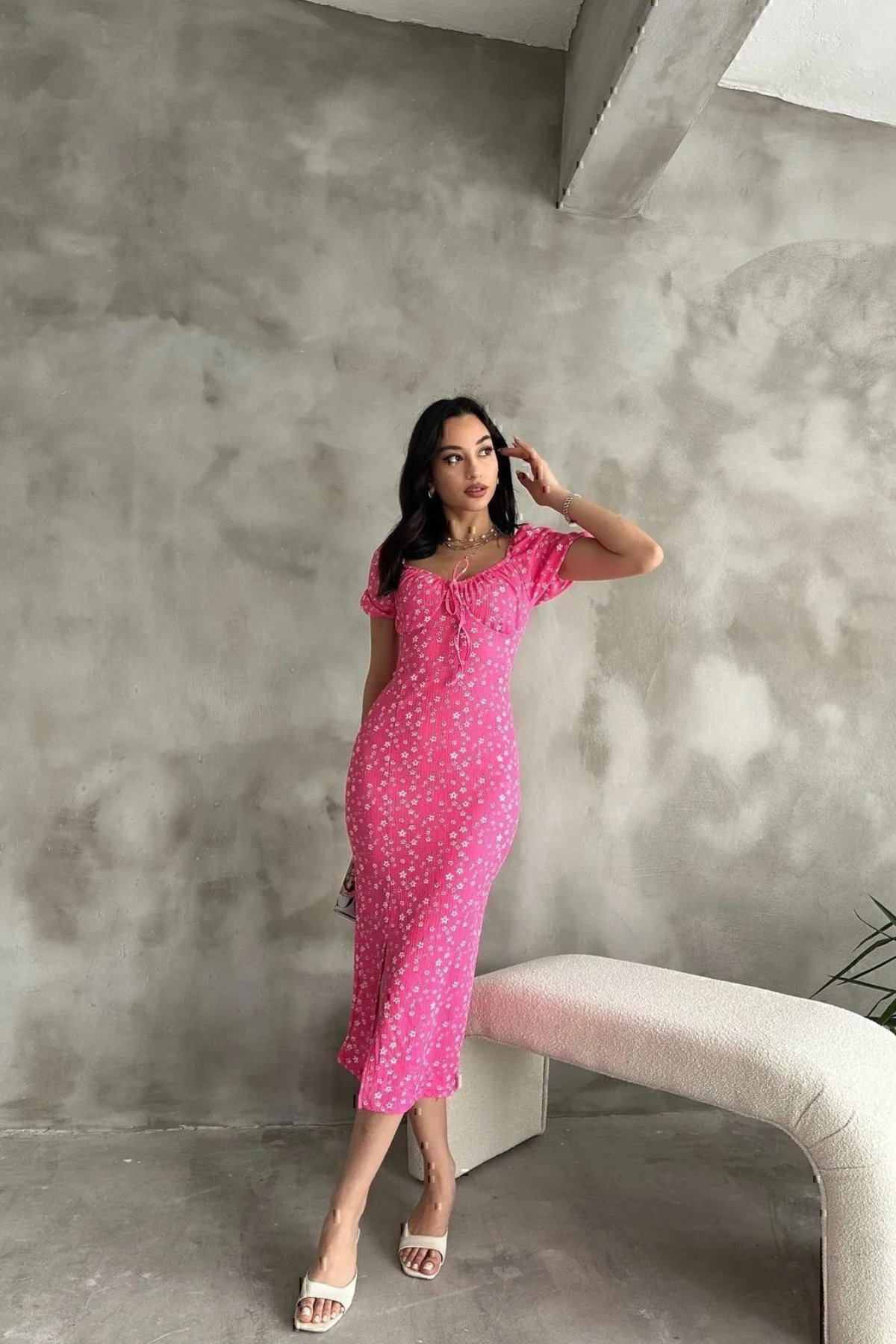 Bürümcük Çiçek Desen Elbise Pembe