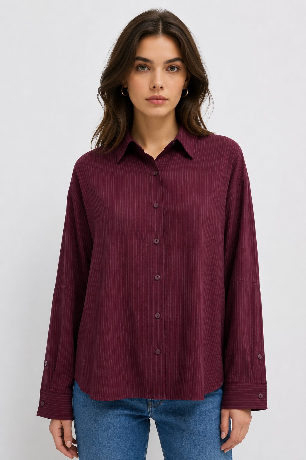 Bordo Relax Fit Çizgili Kadın Gömlek