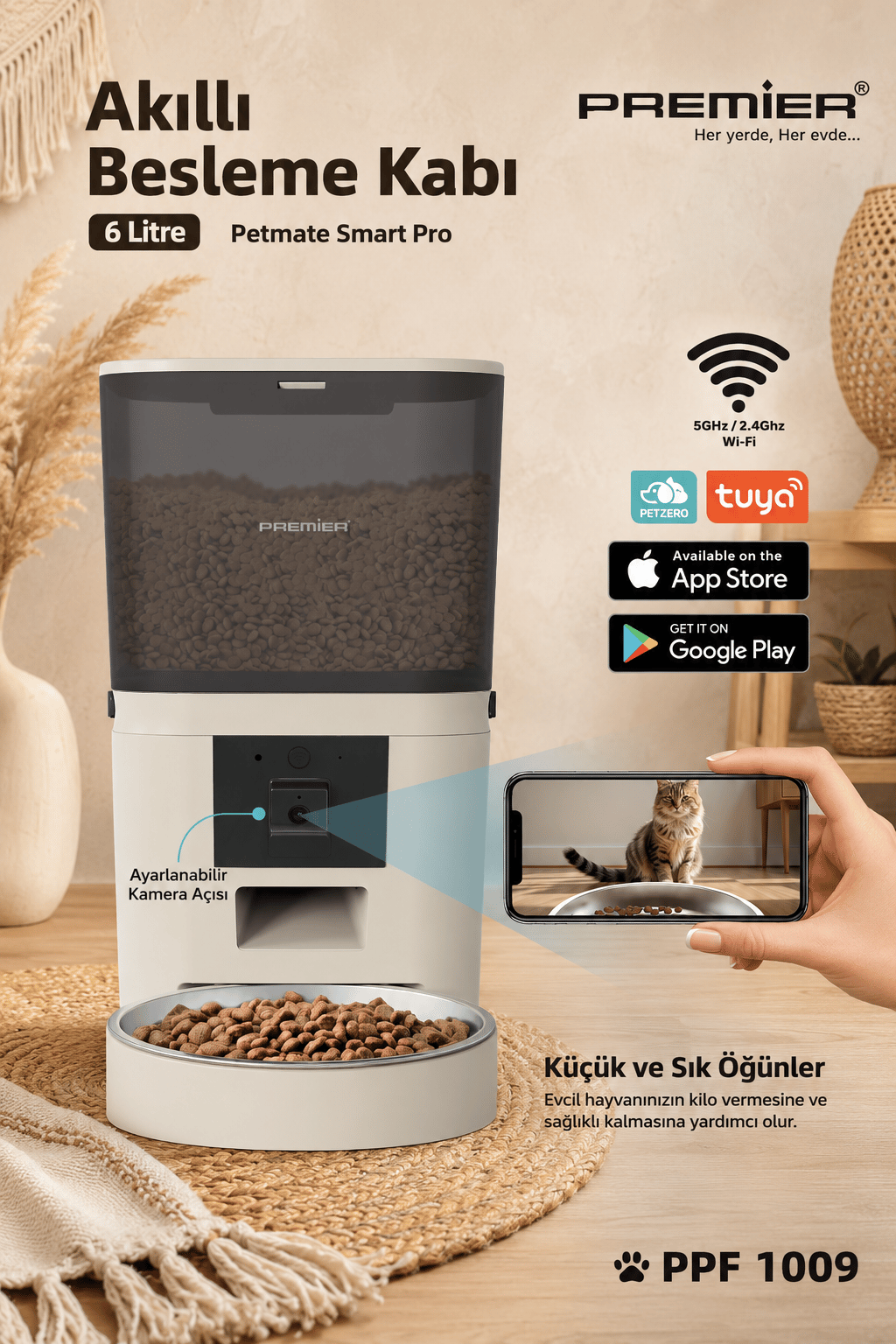 PPF 1009 - Wi-Fi Özellikli Kameralı Akıllı Otomatik Mama Kabı 6 Lt Mobil Uygulama ile Yemek Programı ve Manuel Besleme - Petmate Smart Pro - Krem - Yenilenen Tasarım