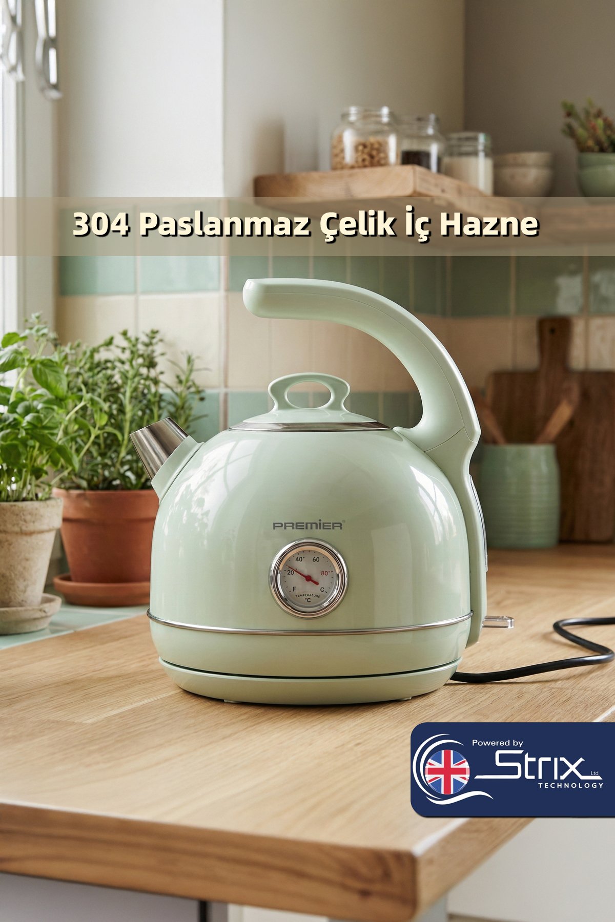 PRK 1215C Retro Tasarımlı Analog Göstergeli Paslanmaz Çelik Hazneli Su Isıtıcısı Cool Touch Kettle | Yeşil