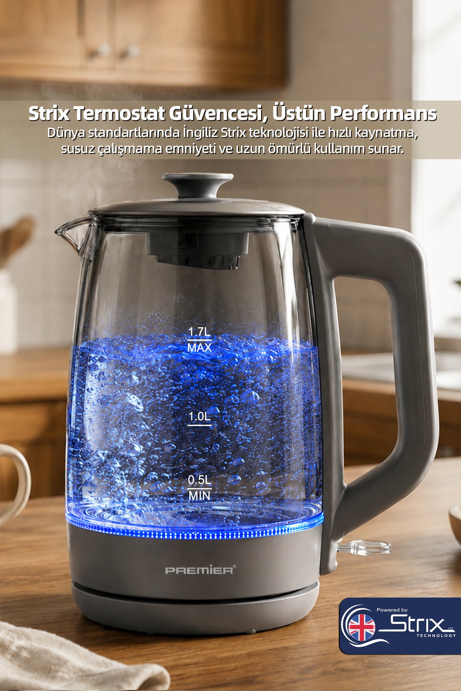 PRK 1318A Borosilikat Renkli Cam Gövdeli, Manyetik Filtre Kapaklı Kettle - LED Işıklı