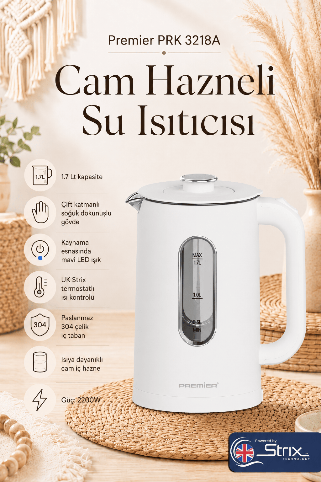 PRK 3218A Isıya Dayanıklı Cam Hazneli LED ışıklı Su Isıtıcısı Cool Touch Kettle - Beyaz