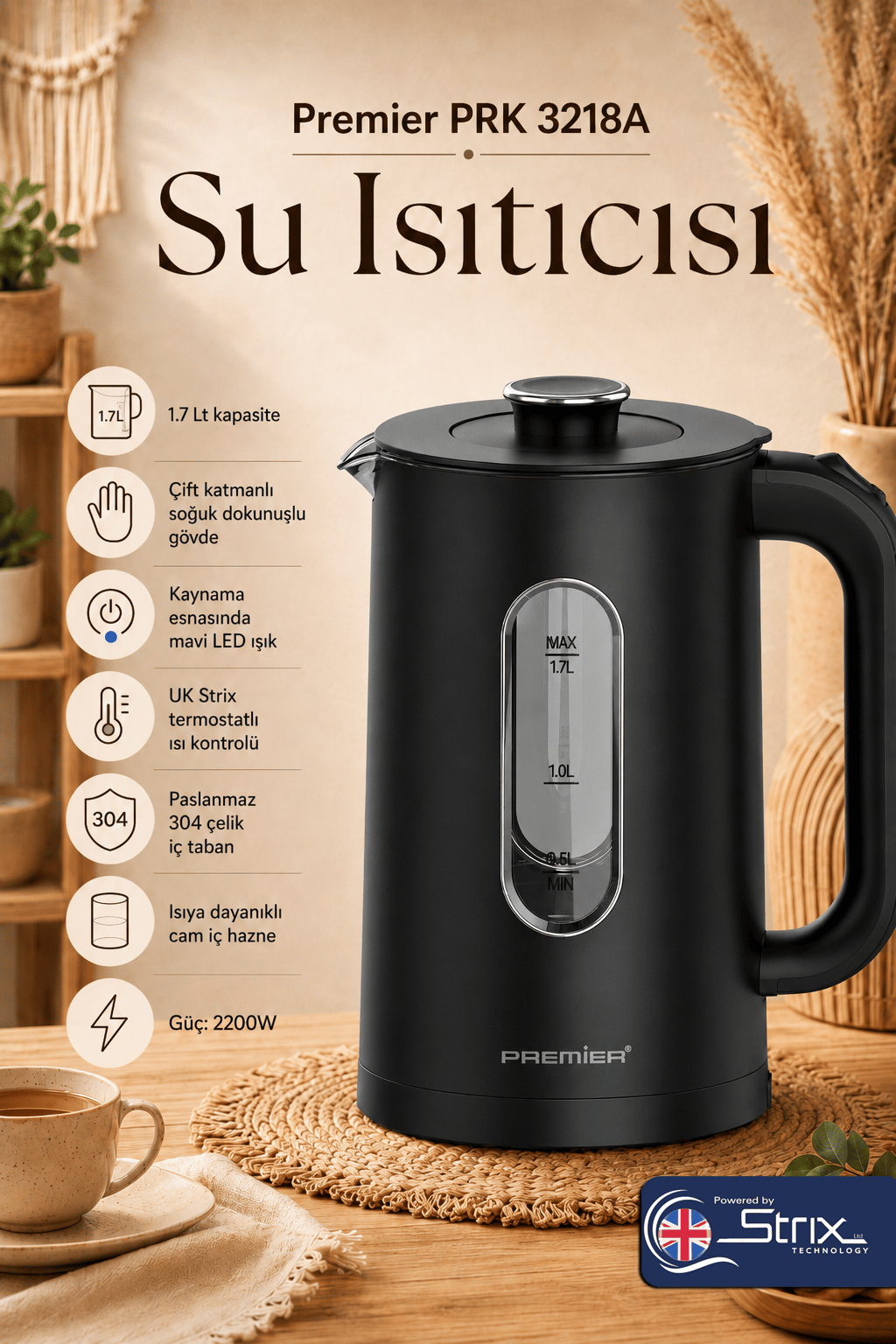 PRK 3218A Isıya Dayanıklı Cam Hazneli LED ışıklı Su Isıtıcısı Cool Touch Kettle - Siyah