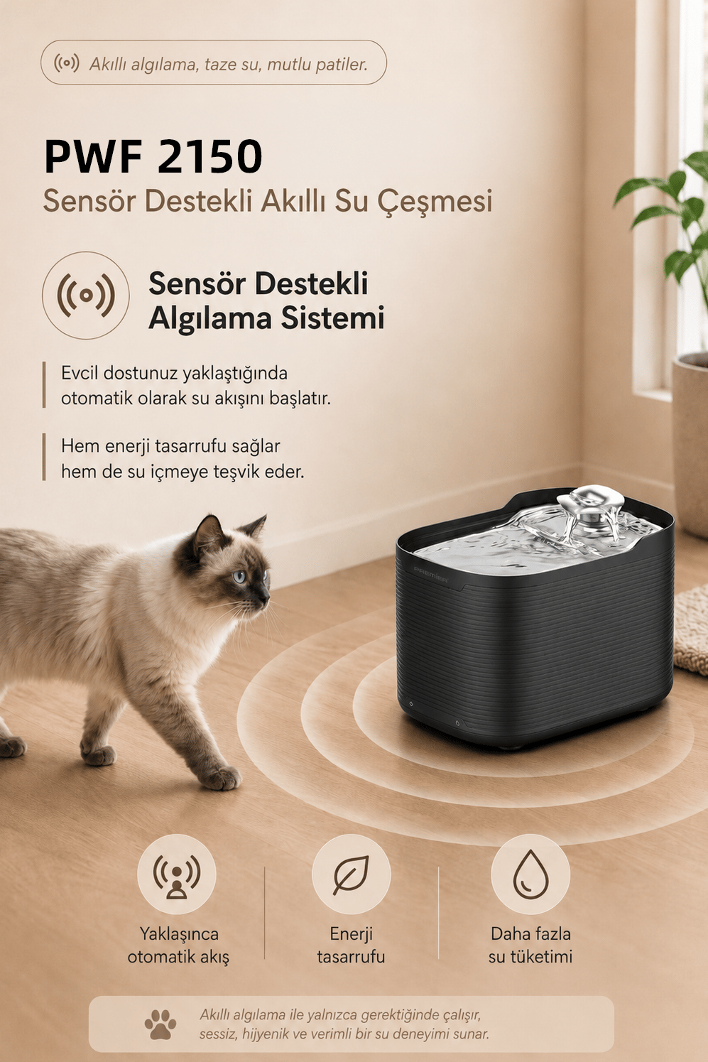 PWF 2150 - Evcil Hayvan Akıllı Su Çeşmesi - Petmate Flowsense - Siyah