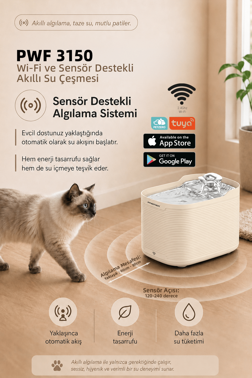 PWF 3150 Petmate Flowsense Pro - Wi-Fi ve Sensörlü Akıllı Otomatik Kedi Köpek Su Çeşmesi 2,5 L – Paslanmaz Çelik - BPA içermez - Krem