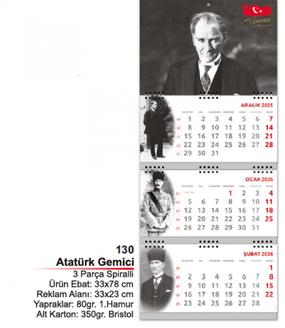 Atatürk Gemici Takvim ( 3 Parça Spiralli )
