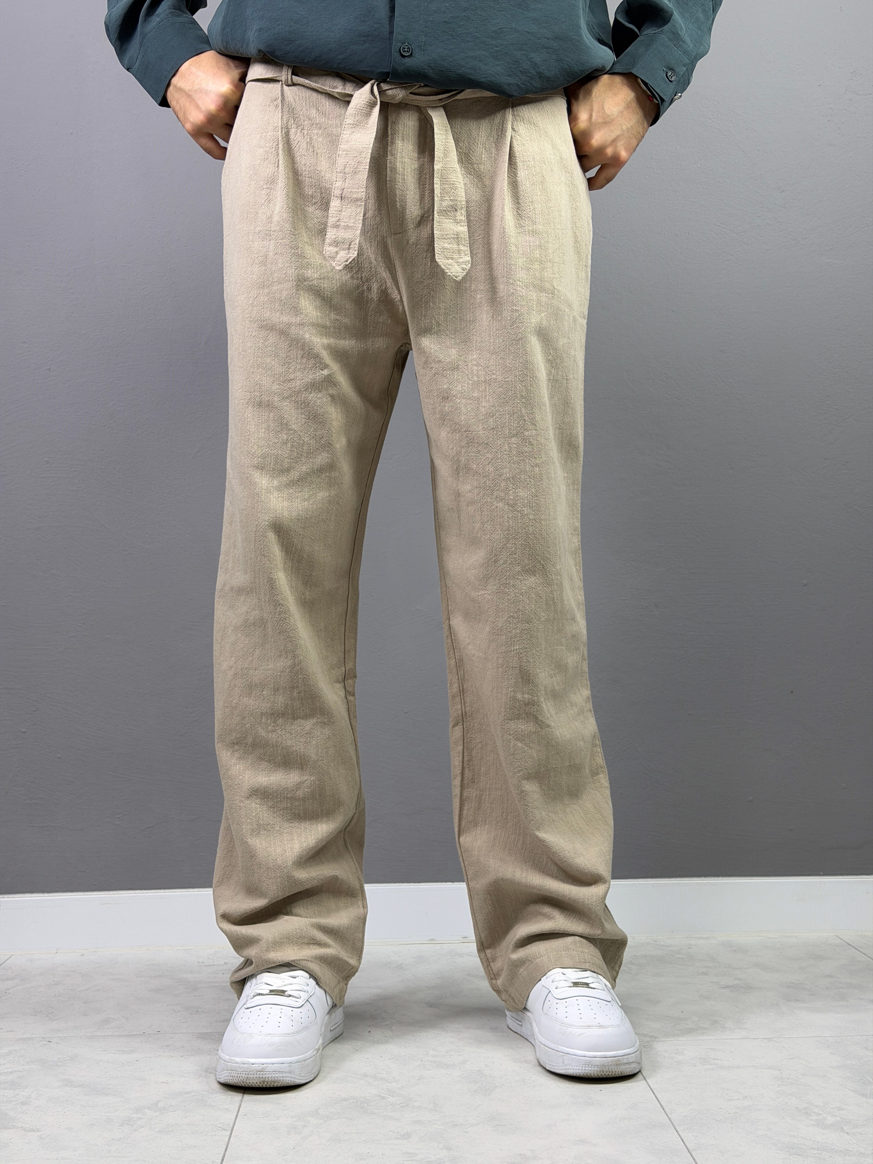 BEJ BELİ KEMERLİ KETEN BAGGY PANTOLON 5032