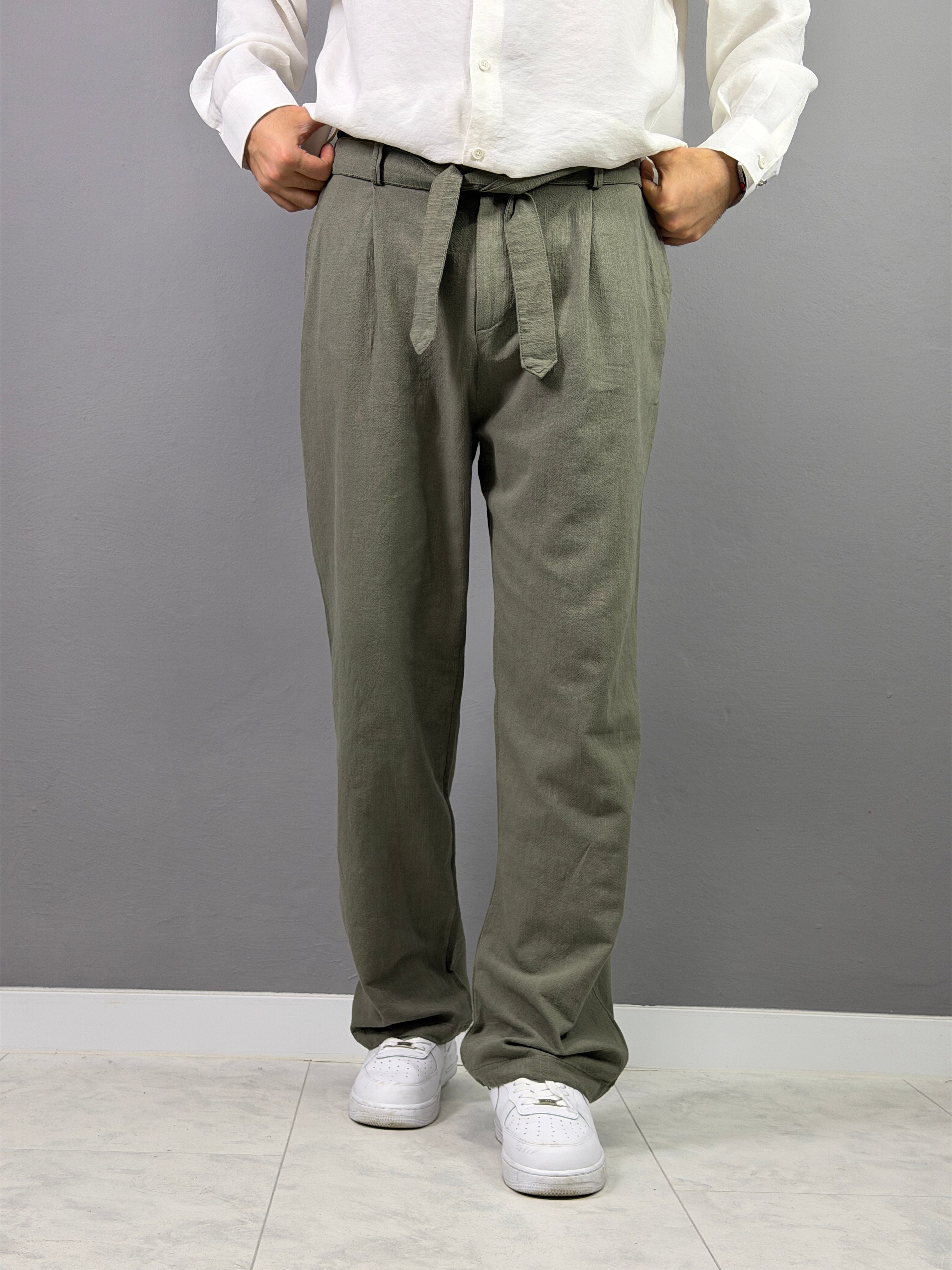 HAKİ BELİ KEMERLİ KETEN BAGGY PANTOLON 5031