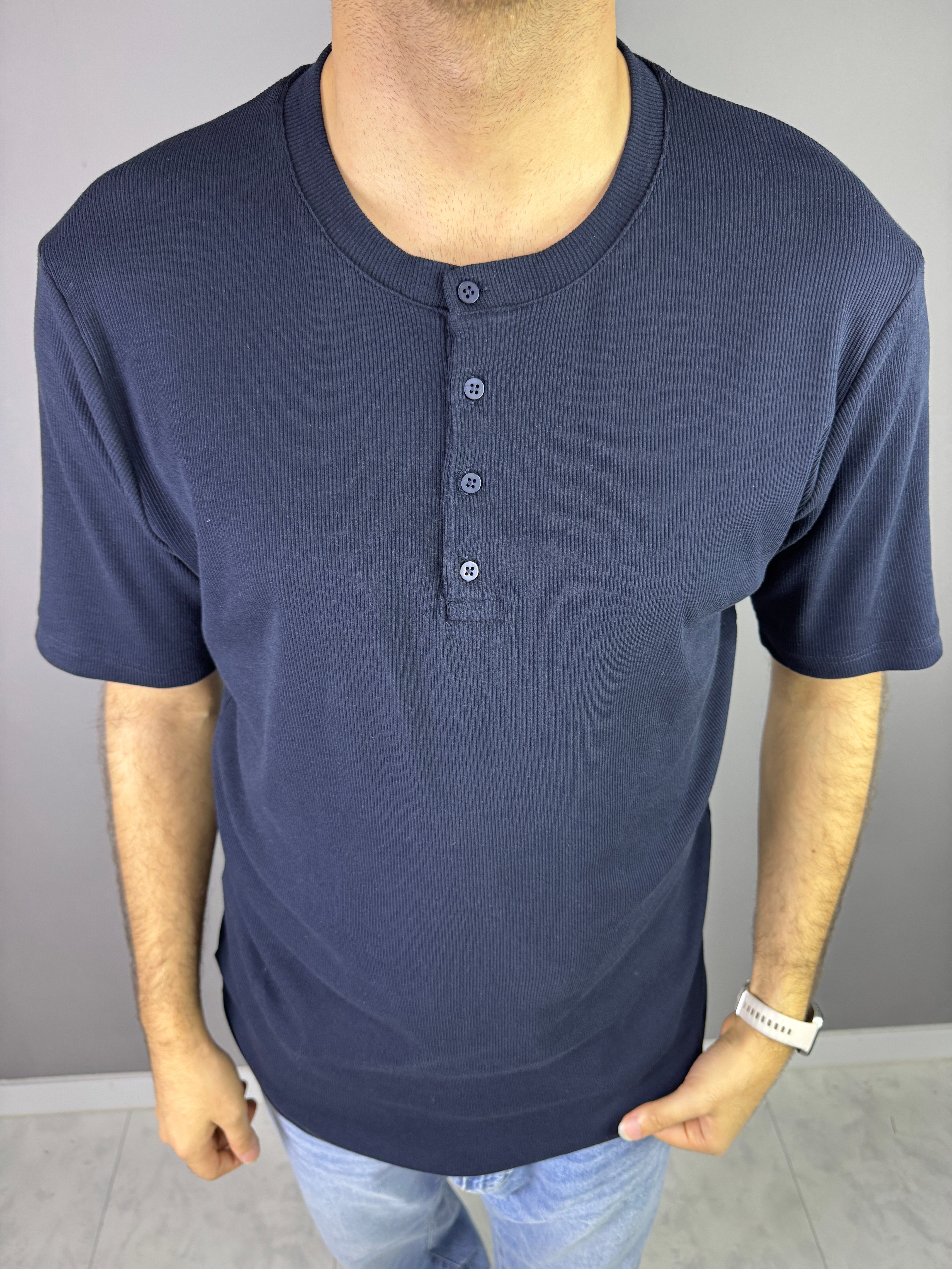 LACİVERT HENLEY YAKA DÜĞMELİ T-SHİRT 7023