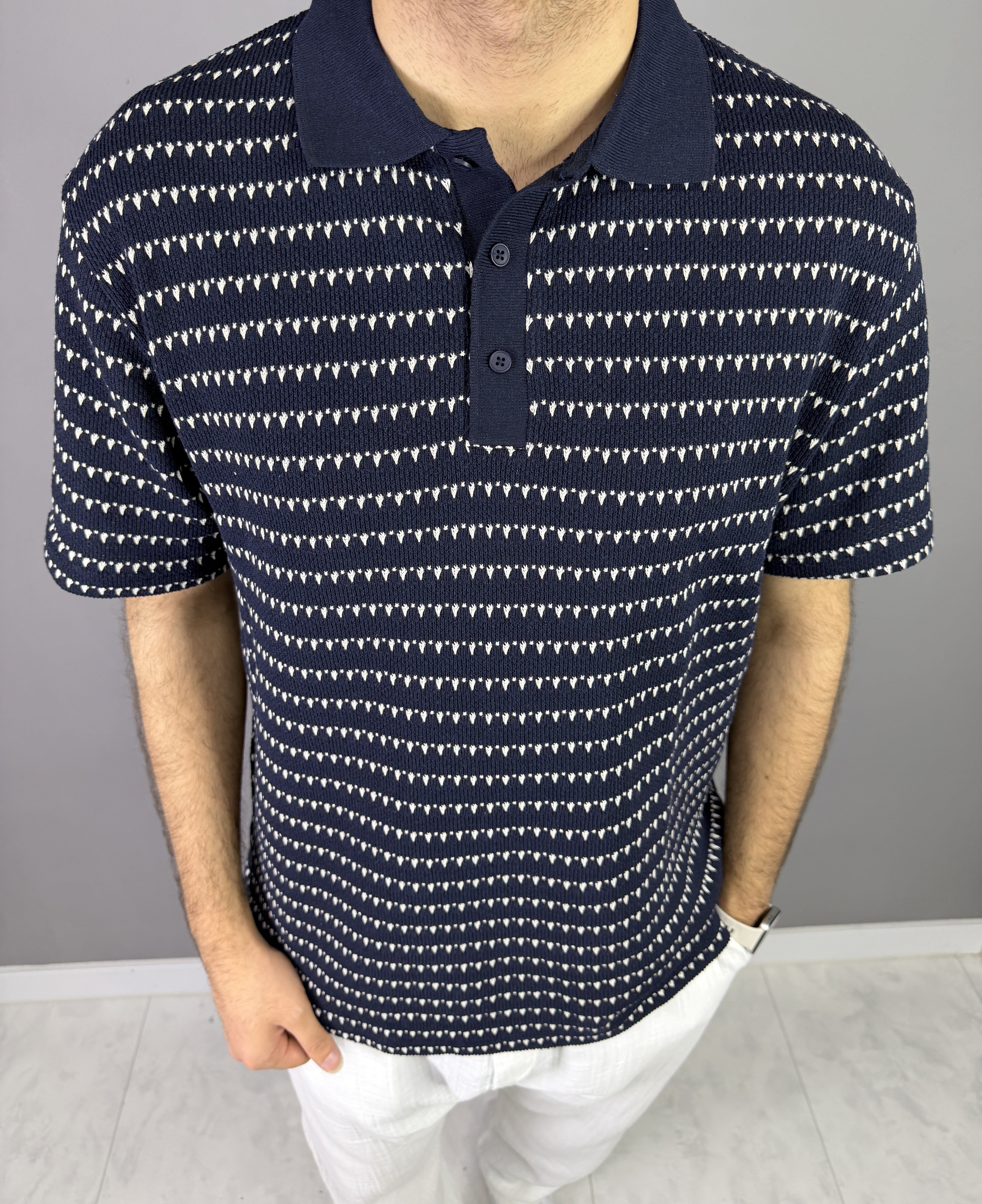 LACİVERT ÖRGÜ ŞERİTLİ POLO YAKA 7006