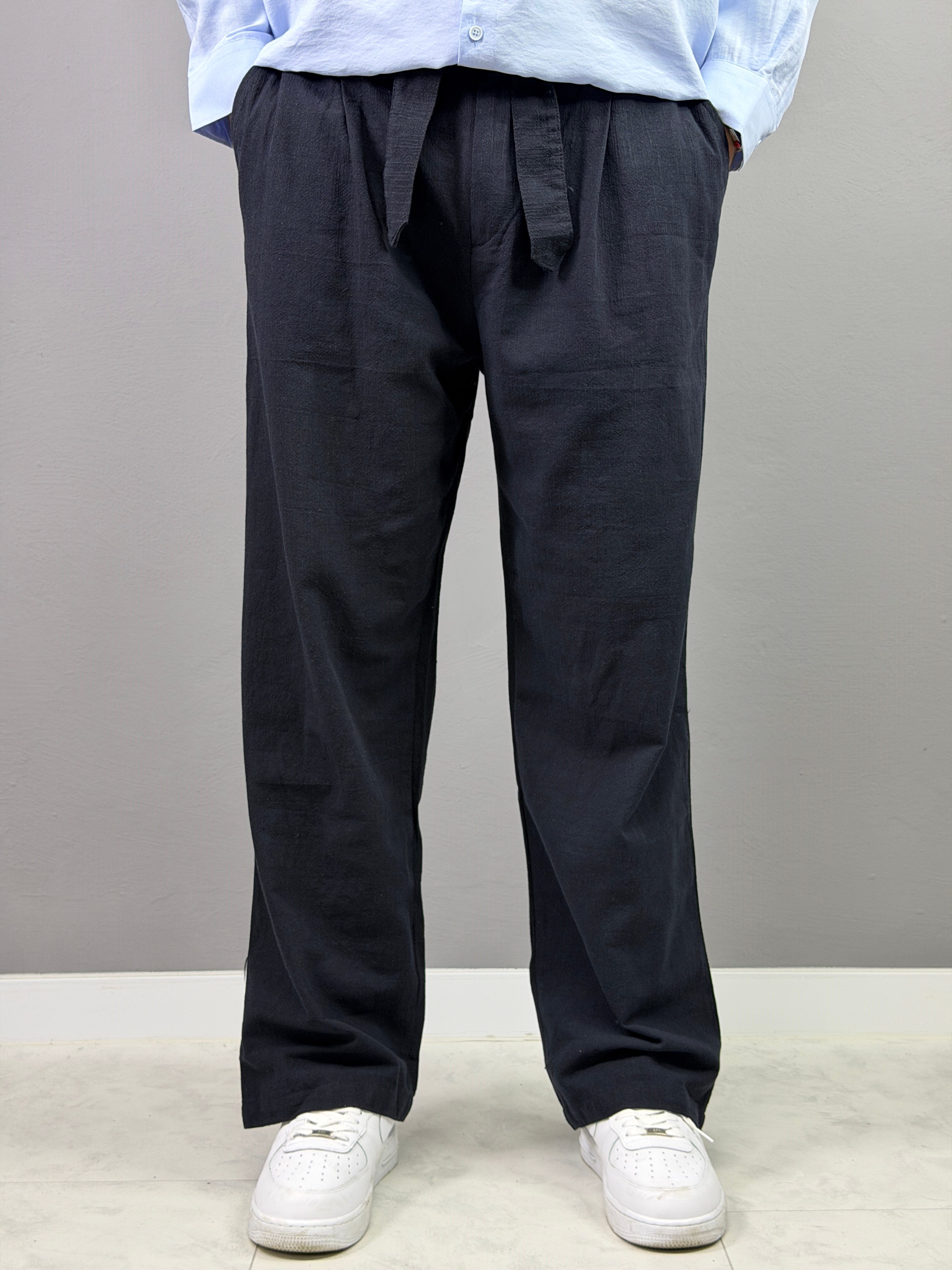 SİYAH BELİ KEMERLİ KETEN BAGGY PANTOLON 5030