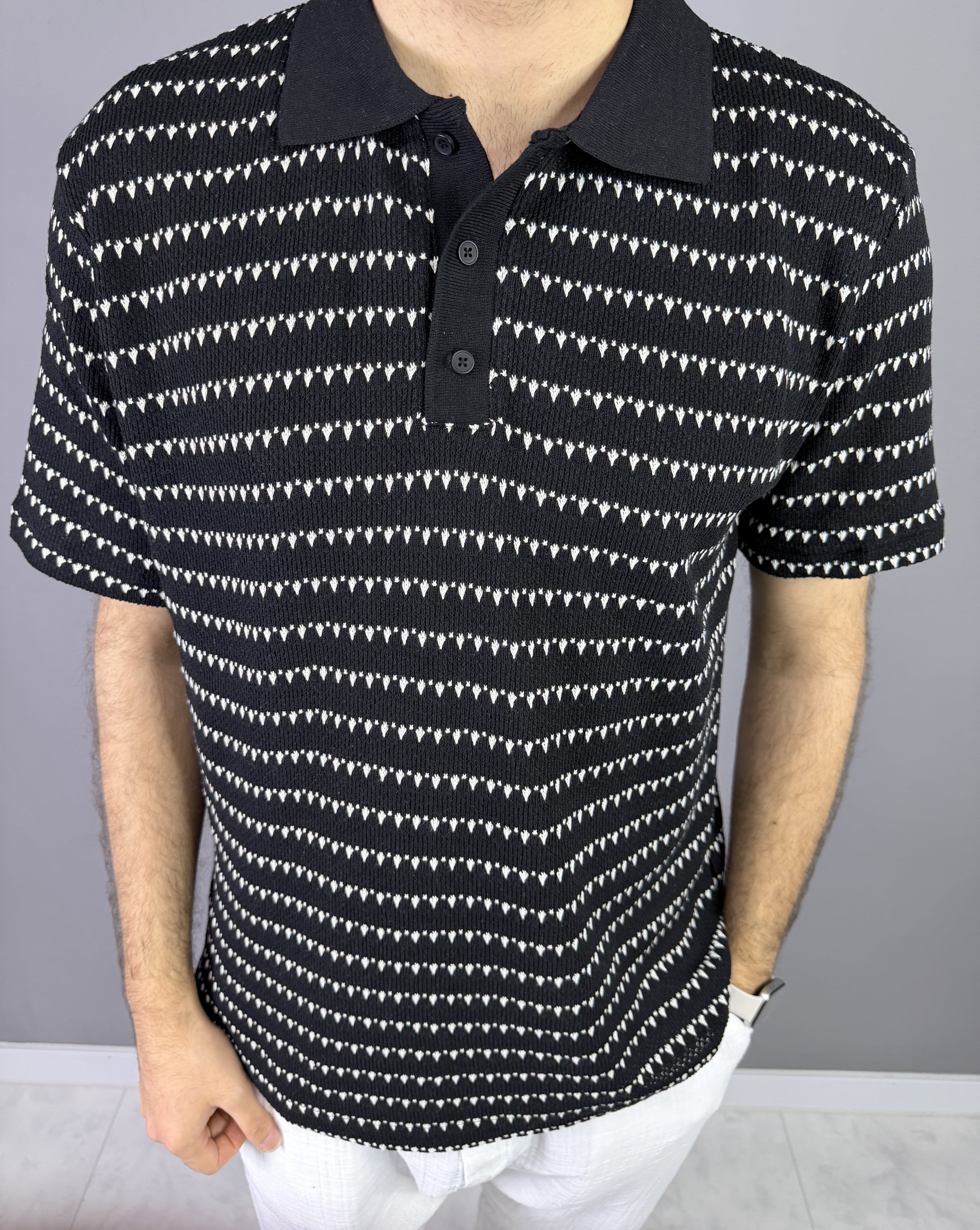 SİYAH ÖRGÜ ŞERİTLİ POLO YAKA 7005