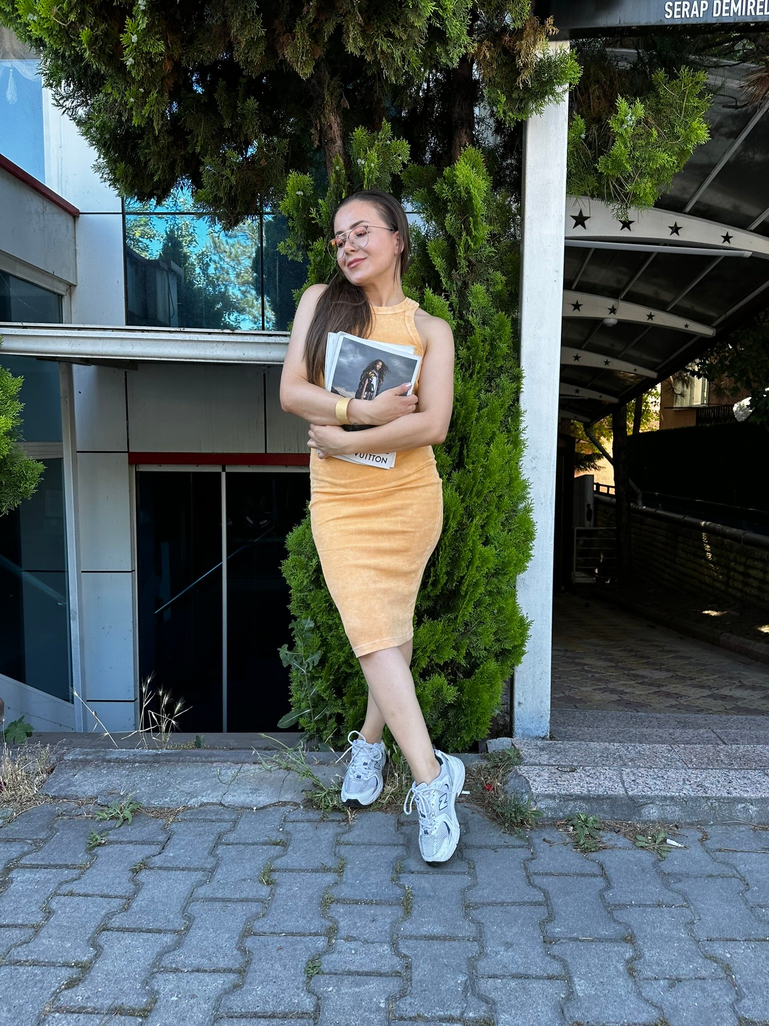Halter Midi Dar Turuncu Elbise-STANDART