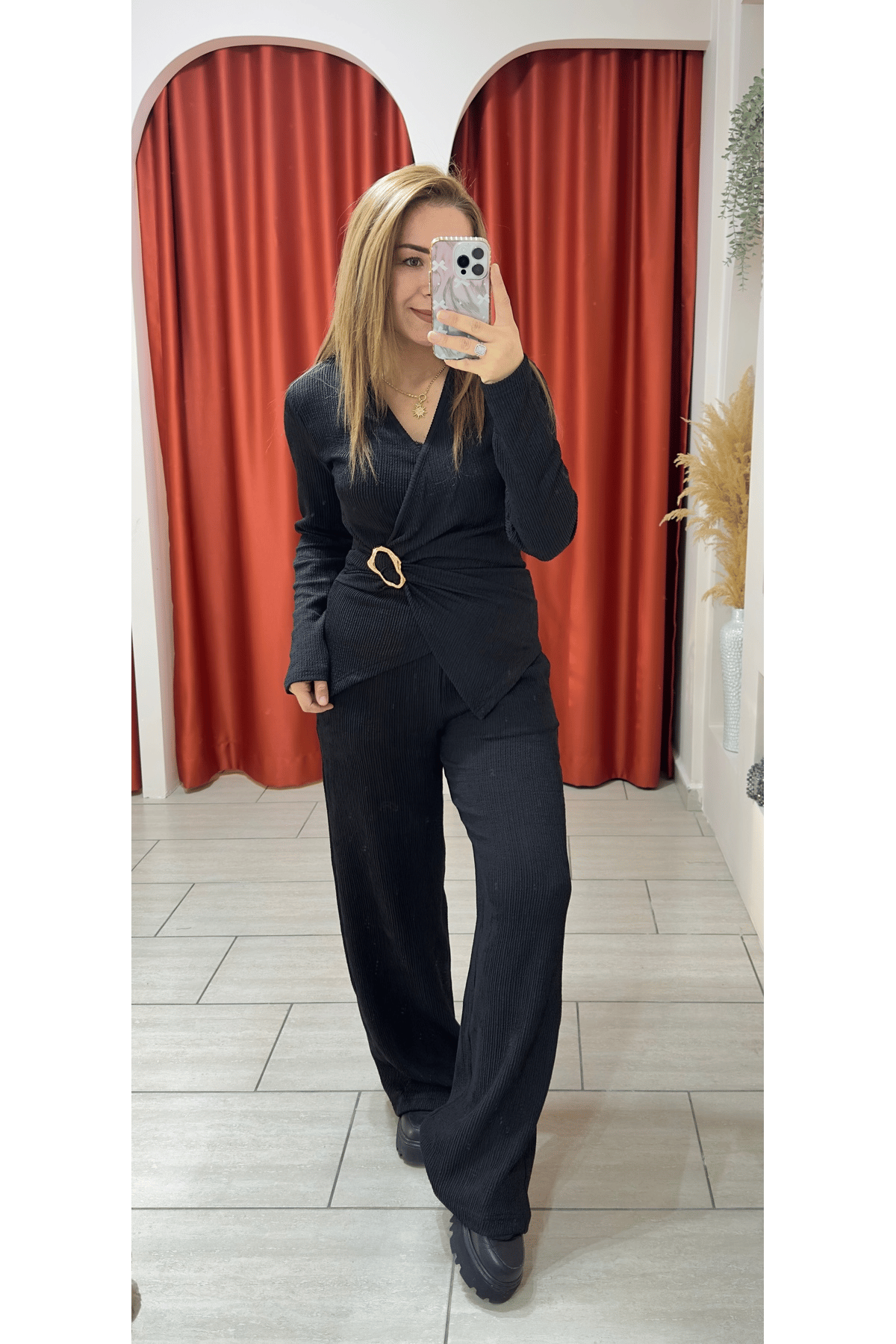 Kadın Gold Tokakı Bluz Pantolon Takım