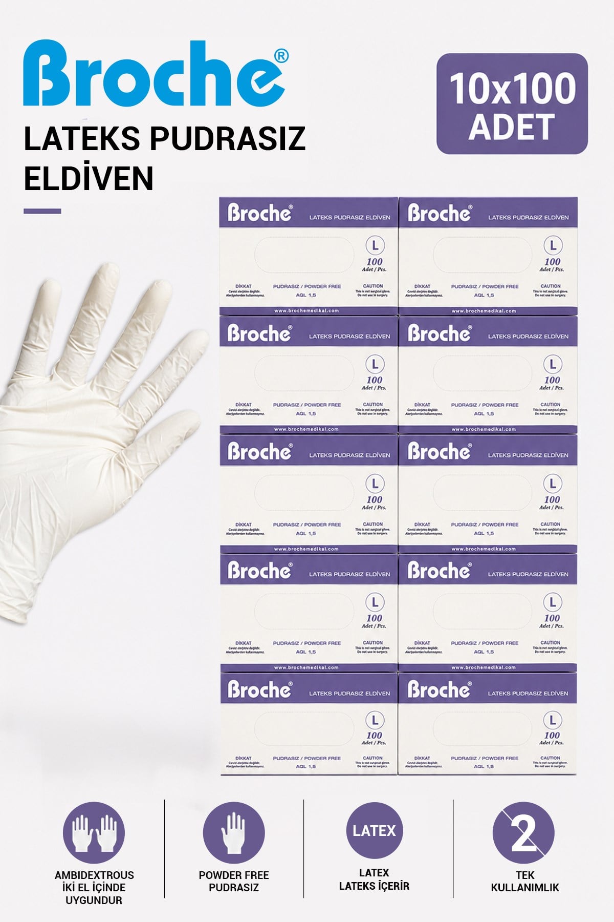 LATEKS PUDRASIZ MUAYENE ELDİVENİ L BEDEN 10'LU PAKET