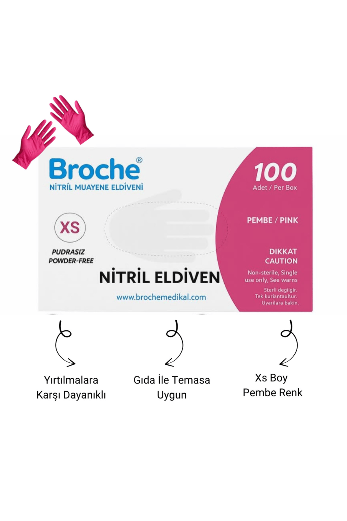 Pudrasız Nitril Eldiven XS Pembe 100’lü | Lateks İçermez