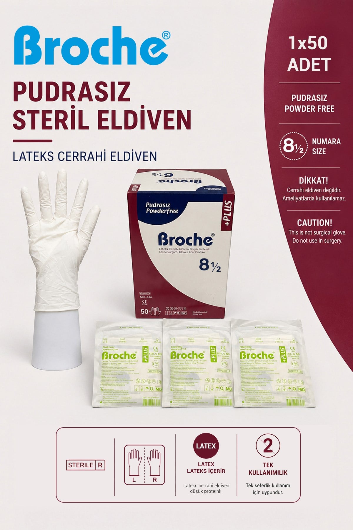 PUDRASIZ STERİL CERRAHİ ELDİVEN NO: 8,5 (50 ÇİFT)