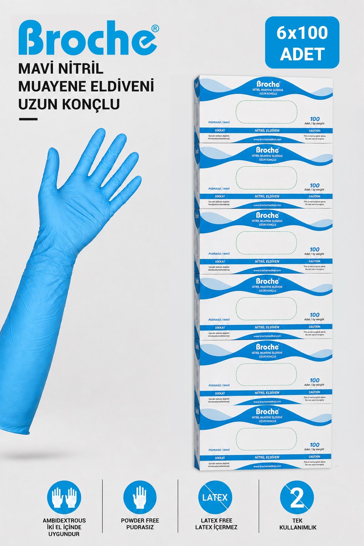 UZUN KONÇLU MAVİ NİTRİL MUAYENE ELDİVENİ 6'LI PAKET