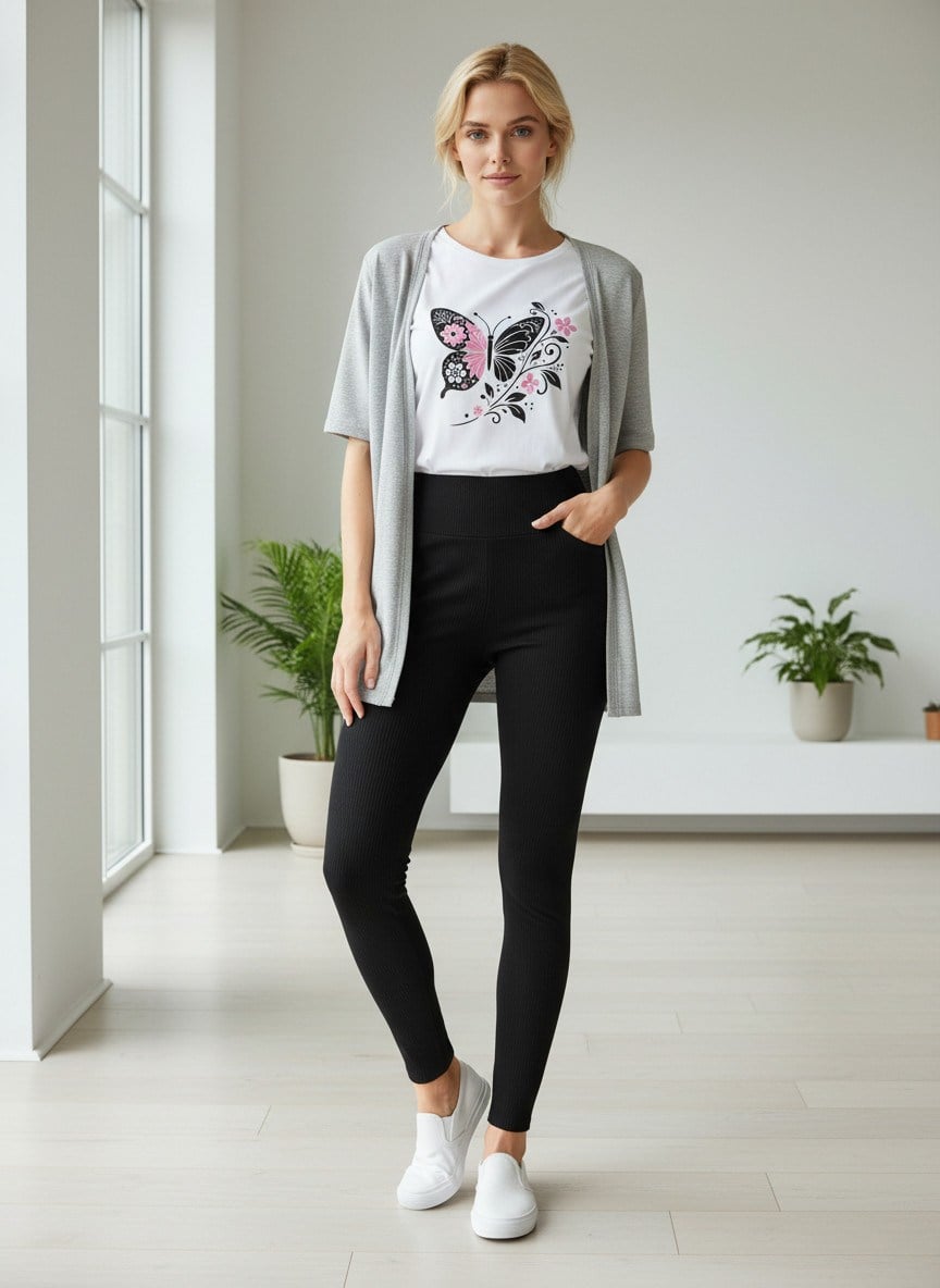 KADIN T-SHIRT ZEMİN BEYAZ SİYAH/PEMBE BASKILI