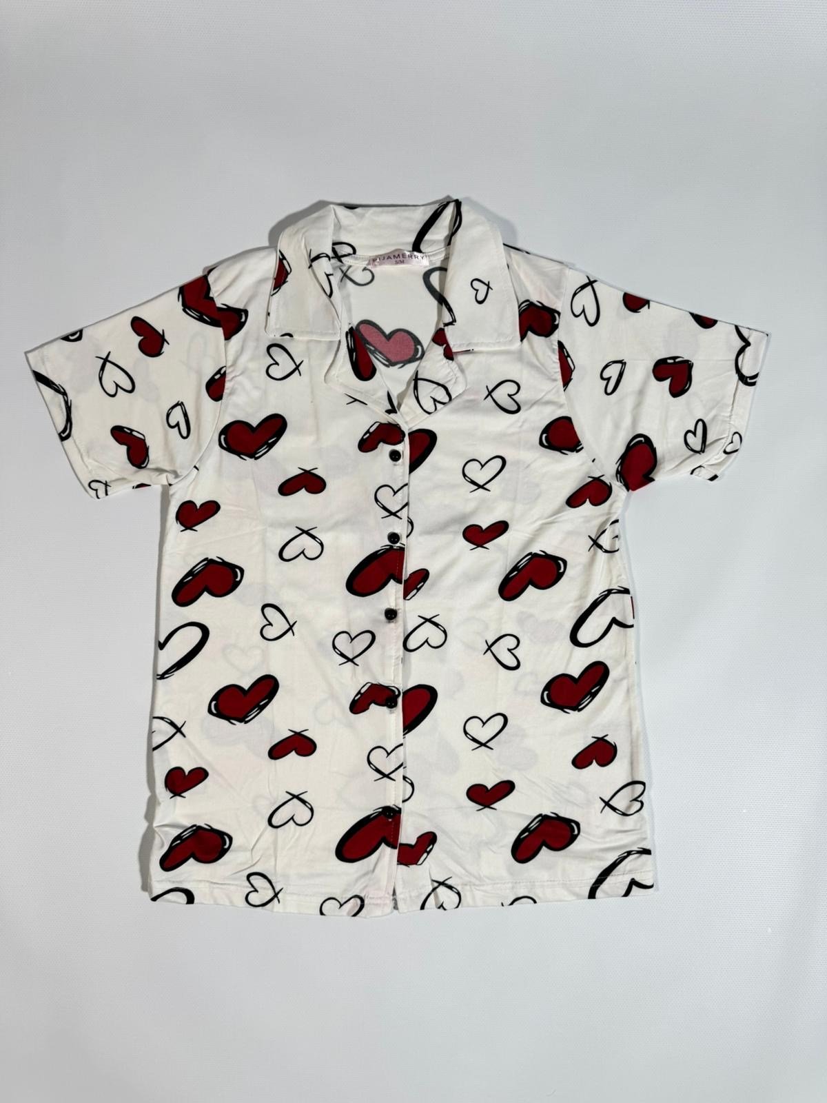 Kısa Kol Düğmeli Krem-Kırmızı Baskılı Pijama