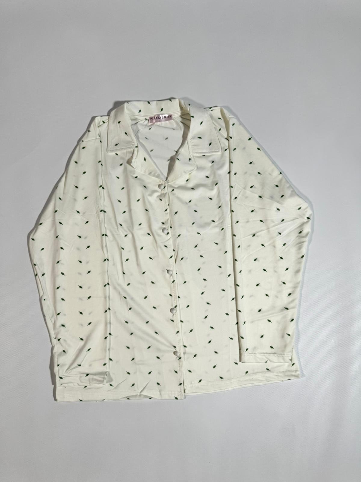 Uzun Kol Düğmeli Krem- Yeşil  Baskılı Pijama