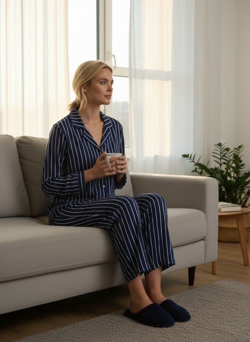 Uzun Kol Düğmeli  Lacivert Beyaz Baskılı Pijama
