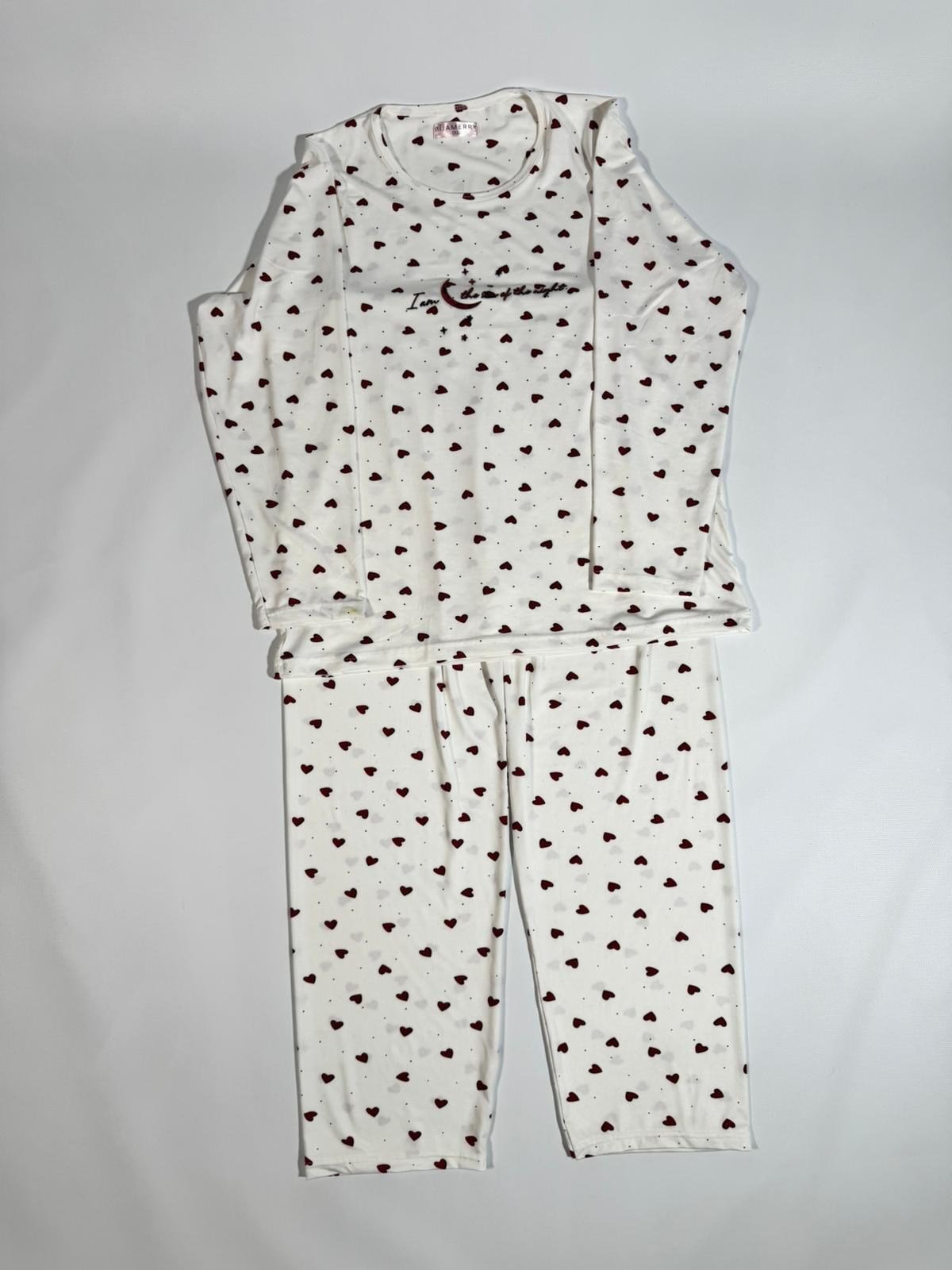 Uzun Kol Düğmesiz Pijama Krem- Kırmızı Baskılı Pijama