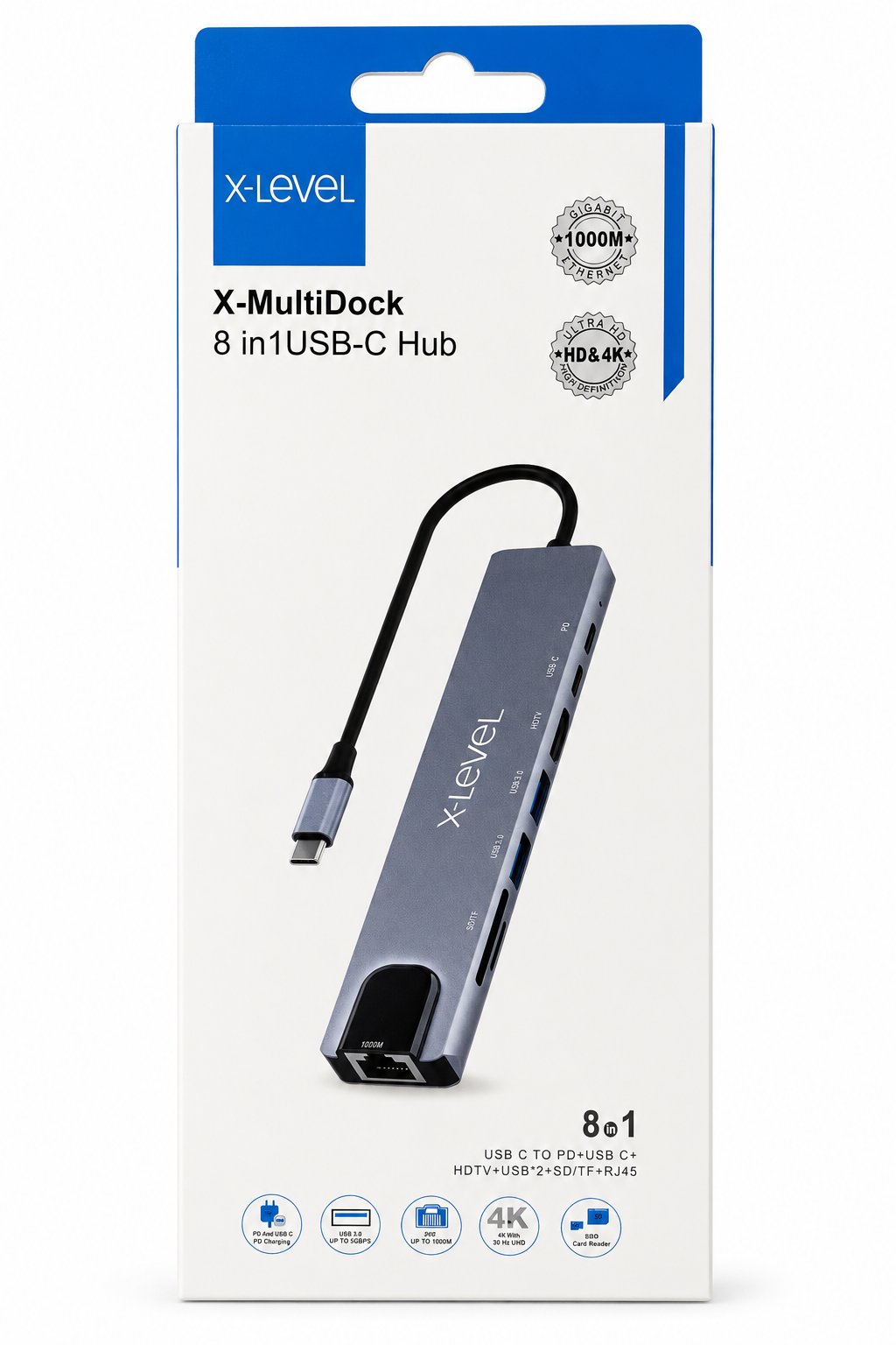 8 in 1 USB-C Hub Çoklayıcı Adaptör (4K HDTV, Gigabit Ethernet, 60W PD, USB 3.0)