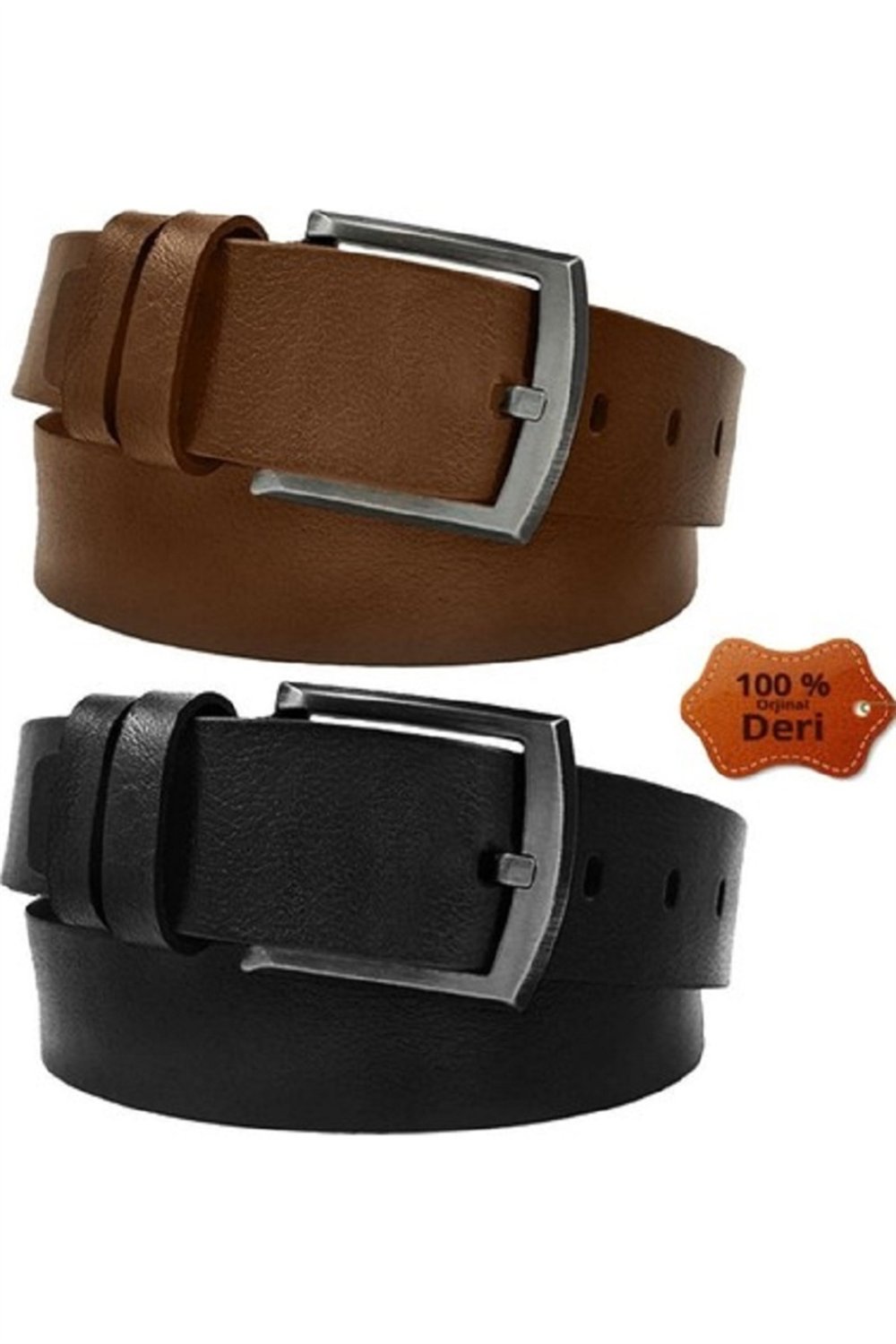 2 Adet Siyah - Taba Kalın Kaliteli Tokalı %100 Hakiki Manda Derisi Kemer – 4.5 cm Genişlik