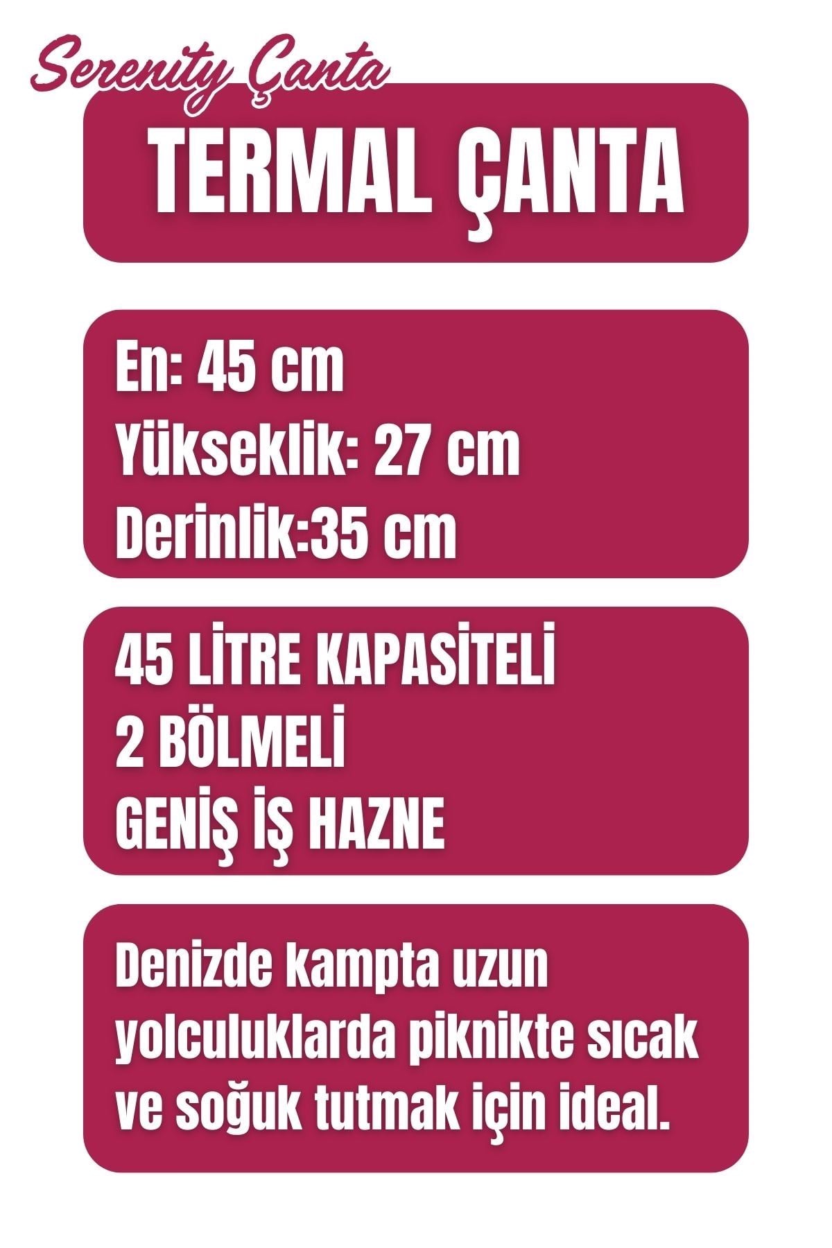 45 Lt. Termal Kamp ve Piknik Yemek Taşıma Çantası, Soğutucu Buzluk Çanta