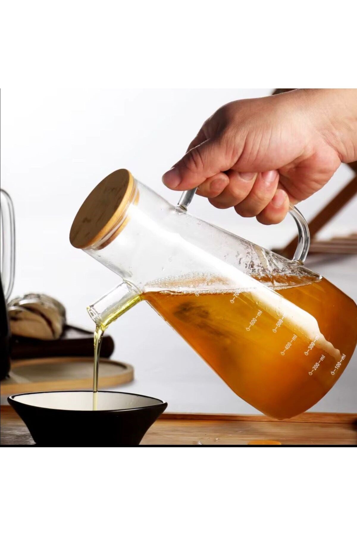 900ml Bambu Kapaklı Vakumlu Borosilikat Cam Masterchef Yağdanlık