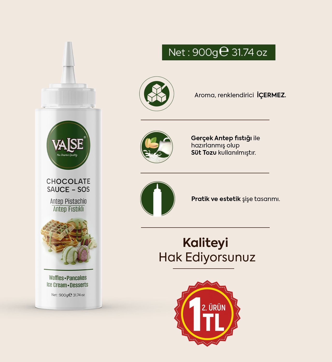 Gerçek Antep Fıstıklı Sos (Glutensiz) 900 Gr Waffle & Pankek & Meyve & Kek & Tatlı & Dondurma