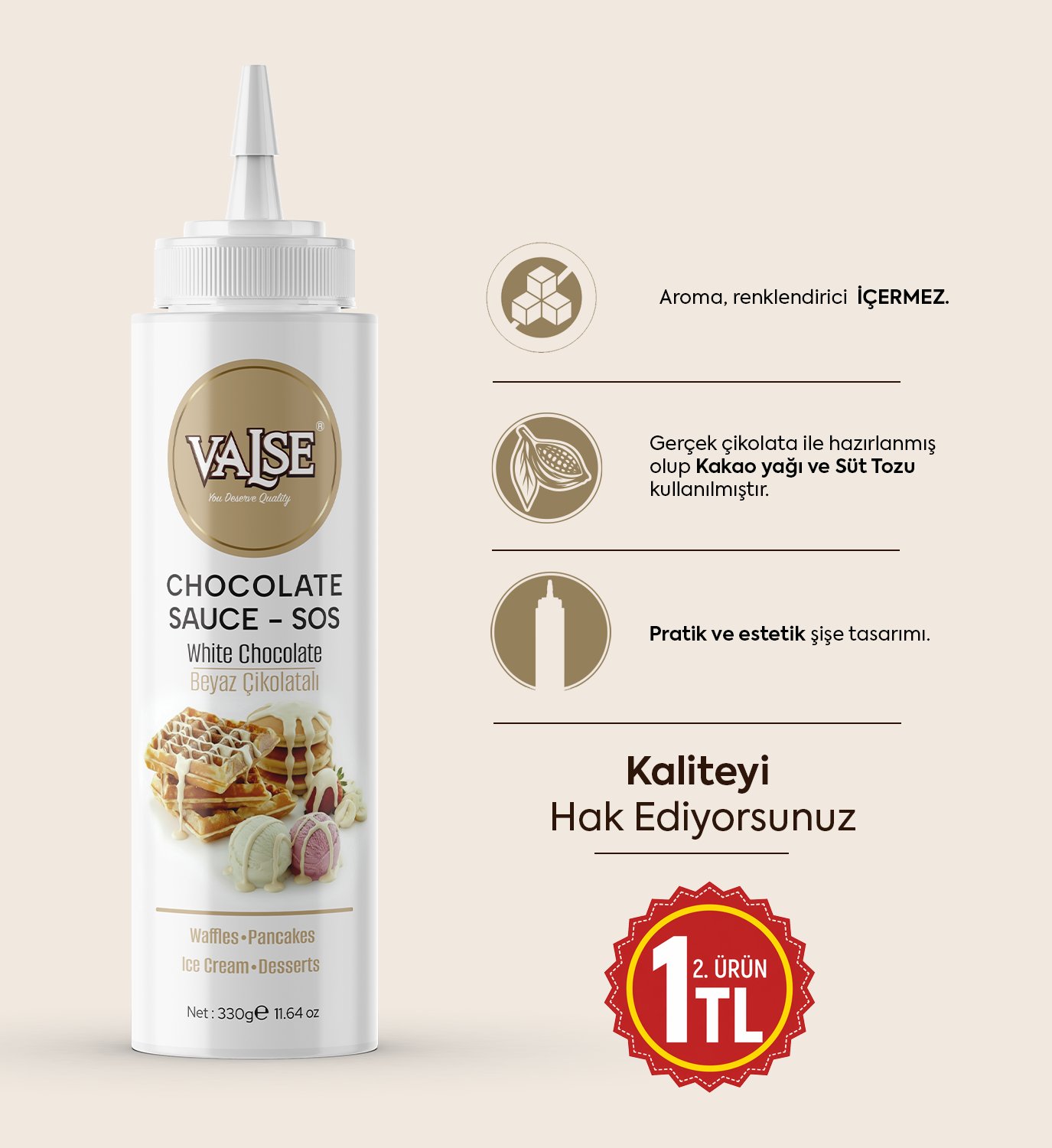 Gerçek Beyaz Çikolatalı Sos (Glutensiz) 330 Gr Waffle & Pankek & Meyve & Kek & Tatlı & Dondurma
