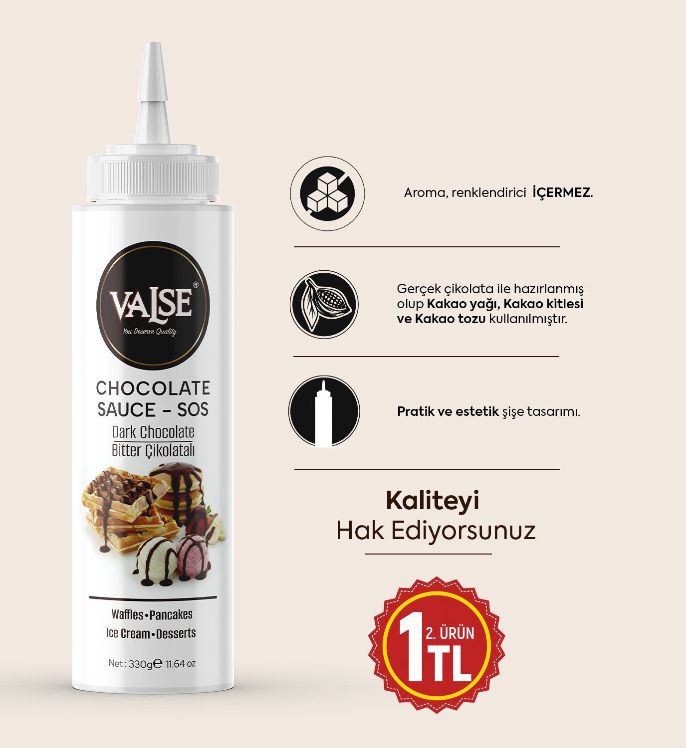 Gerçek Bitter Çikolatalı Sos (Glutensiz) 330 Gr Waffle & Pankek & Meyve & Kek & Tatlı & Dondurma