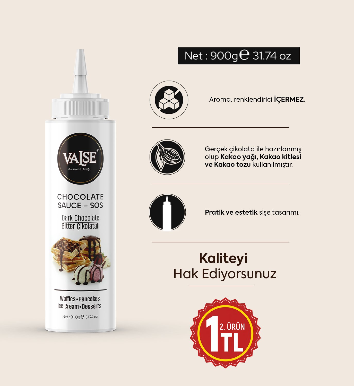 Gerçek Bitter Çikolatalı Sos (Glutensiz) 900 Gr Waffle & Pankek & Meyve & Kek & Tatlı & Dondurma