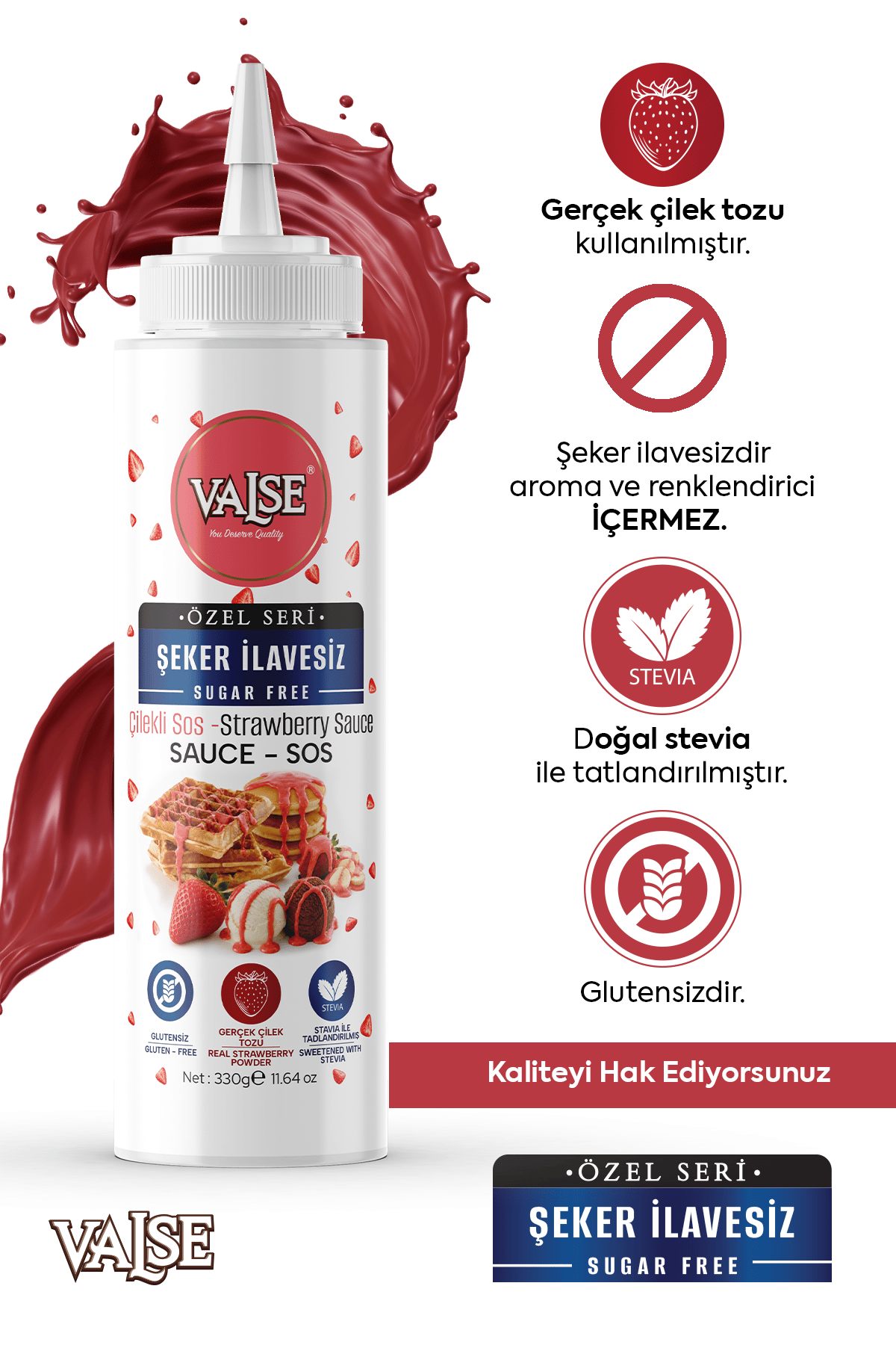 Valse Şeker İlavesiz (Stevia'lı) Gerçek Çilekli Sos (Glutensiz) 330 Gr Waffle & Meyve & Kek &Tatlı&Dondurma