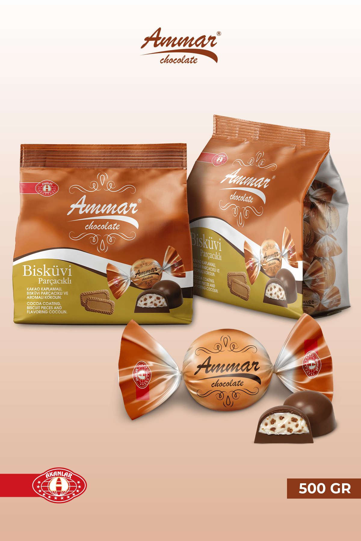 AMMAR Kakao'lu,  Bisküvi  Parçacıklı Kremalı, İkramlık, Kahve Yanı, 500 Gr 