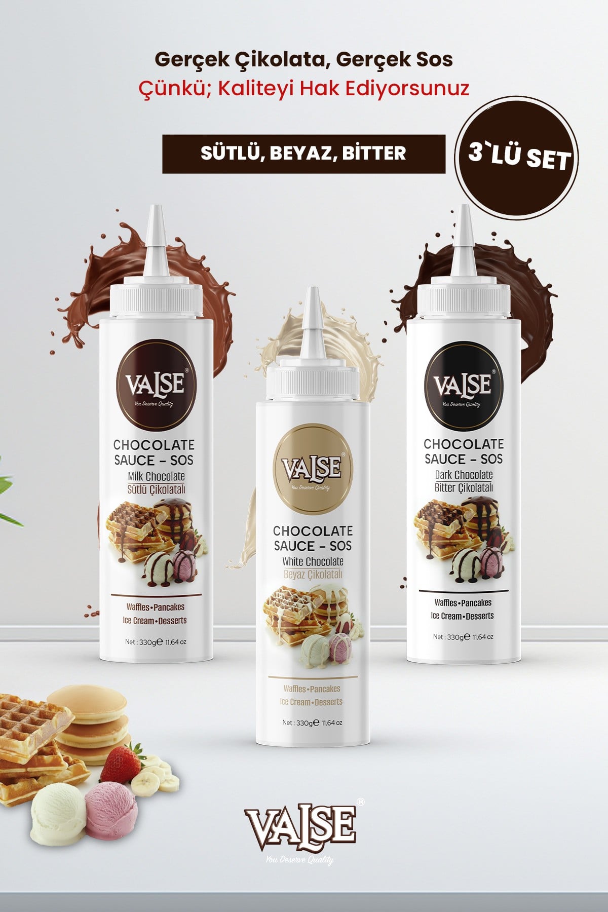 Gerçek Çikolatalı Sos Set 3 x 330 Gr (Sütlü ,Beyaz, Bitter) Glutensiz Waffle & Pankek & Meyve